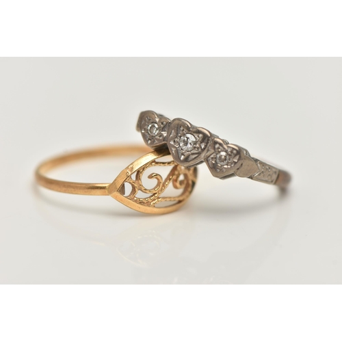 41 - TWO YELLOW METAL RINGS, the first set with three single cut diamonds illusion set in heart shape whi... 