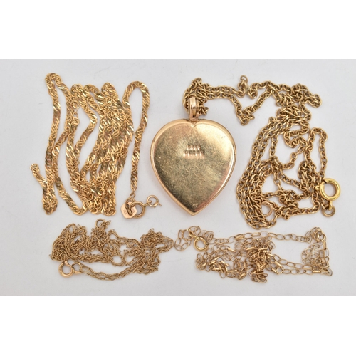 45 - FOUR PIECES OF JEWELLERY, to include an AF heart locket pendant, broken at the bail, hallmarked 9ct ... 