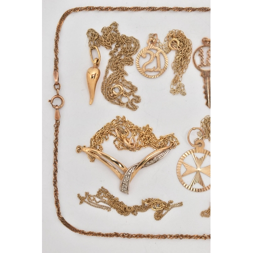 46 - TEN FINE CHAINS WITH PENDANTS, pendants to include Italian horn, 21, 18 key, small die and Italian h... 