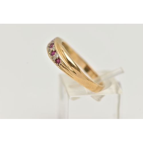 5 - AN 18CT RUBY AND DIAMOND HALF ETERNITY RING, cross over design set with five circular cut rubies int... 