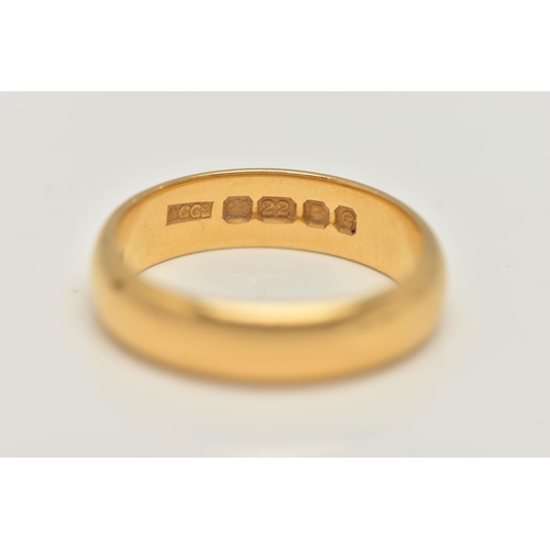 53 - A 22CT GOLD BAND RING, polished wide band, approximate band width 4.8mm, hallmarked 22ct London, rin... 