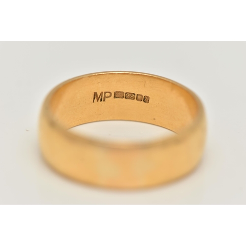 54 - A 22CT GOLD BAND RING, polished wide band, approximate band width 6.9mm, hallmarked 22ct London, rin... 