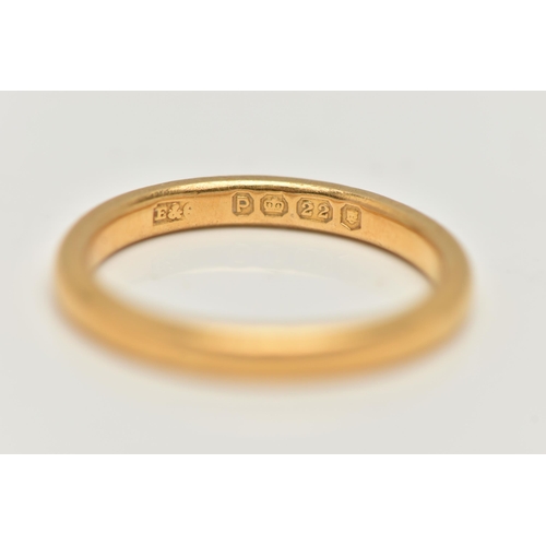 55 - A 22CT GOLD BAND RING, polished thin band, approximate gross width 2.3mm, hallmarked 22ct London, ri... 