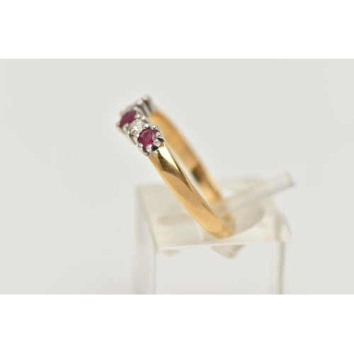 6 - AN 18CT GOLD RUBY AND DIAMOND WISHBONE RING, set with three circular cut rubies, interspaced with tw... 