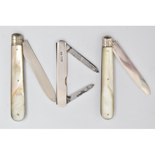 60 - THREE SILVER FRUIT KNIVES, the first fitted with a mother of pearl handle, engraved floral design to... 