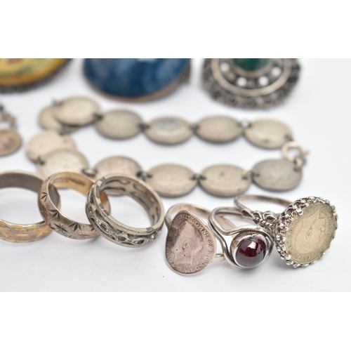 61 - A BAG OF ASSORTED JEWELLERY, to include a large blue cabochon stone brooch, mounted in a white metal... 