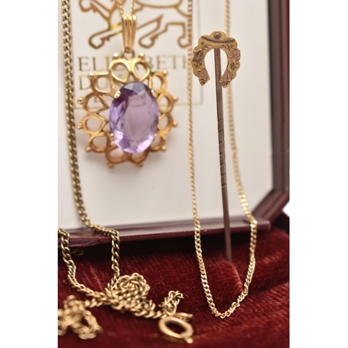 63 - A 9CT GOLD AMETHYST PENDANT, 9CT GOLD STICK PIN AND YELLOW METAL CHAIN, a yellow gold open work pend... 