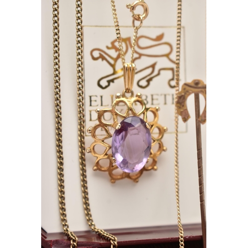 63 - A 9CT GOLD AMETHYST PENDANT, 9CT GOLD STICK PIN AND YELLOW METAL CHAIN, a yellow gold open work pend... 