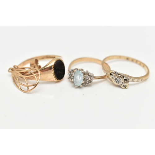 66 - A SELECTION OF YELLOW METAL JEWELLERY, to include a blue topaz and diamond dress ring, with import m... 