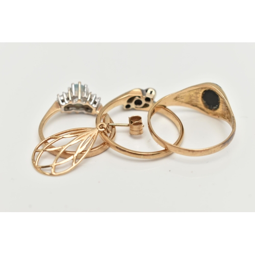 66 - A SELECTION OF YELLOW METAL JEWELLERY, to include a blue topaz and diamond dress ring, with import m... 