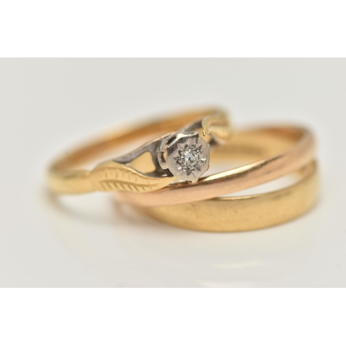 67 - A SELECTION OF THREE 18CT YELLOW GOLD RINGS, to include a diamond single stone ring set with a singl... 