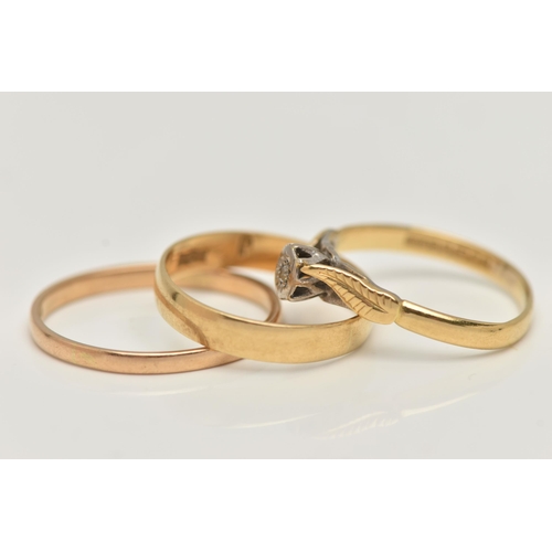 67 - A SELECTION OF THREE 18CT YELLOW GOLD RINGS, to include a diamond single stone ring set with a singl... 