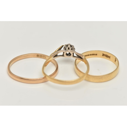 67 - A SELECTION OF THREE 18CT YELLOW GOLD RINGS, to include a diamond single stone ring set with a singl... 