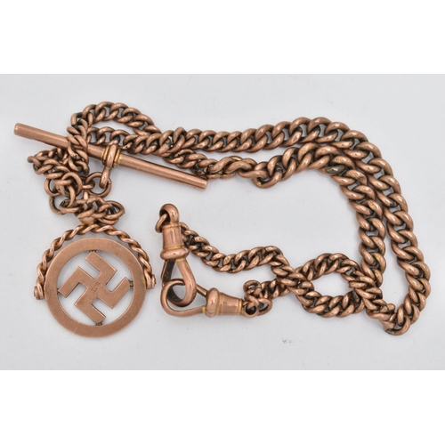 68 - A ROSE METAL ALBERT CHAIN AND FOB, a small curb link chain, fitted with two lobster clasps and a T b... 