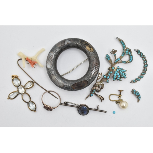 75 - A SMALL BOX OF JEWELLERY, to include an AF white metal circular brooch set with banded agate panels ... 