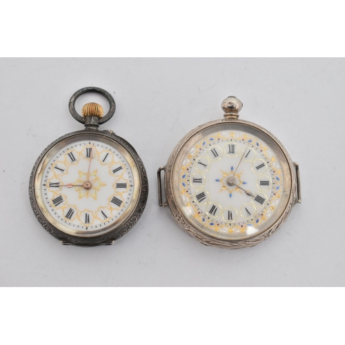 78 - TWO LADIES POCKET WATCHES, the first a key wound, open face pocket watch, Roman numeral dial, foliat... 