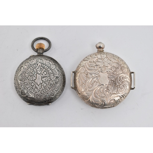 78 - TWO LADIES POCKET WATCHES, the first a key wound, open face pocket watch, Roman numeral dial, foliat... 