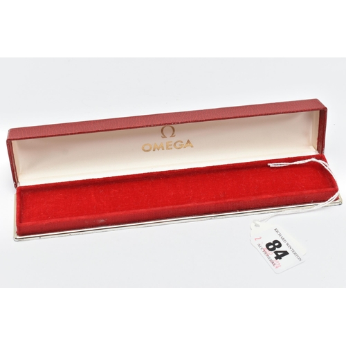 84 - AN 'OMEGA' WATCH BOX, red rectangular box, signed to the inside 'Omega', length 21.5cm