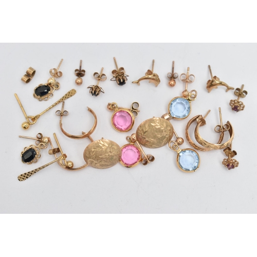 9 - A SELECTION OF YELLOW METAL EARRINGS, eleven pairs in total, to include a pair of pink Swarovski dro... 