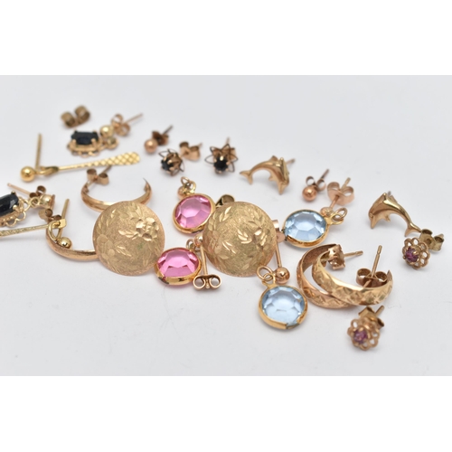 9 - A SELECTION OF YELLOW METAL EARRINGS, eleven pairs in total, to include a pair of pink Swarovski dro... 