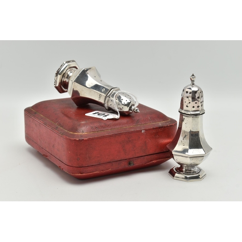 104 - A PAIR OF CASED LATE VICTORIAN SALT AND PEPPER SHAKERS, a pair of octagonal baluster silver salt and... 