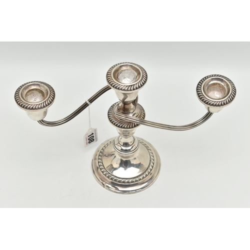 108 - A SILVER 'GORHAM STERLING' AMERICAN CANDELABRA, a white metal three branch candelabra, gadrooned det... 