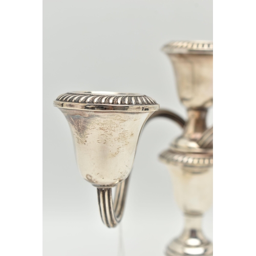 108 - A SILVER 'GORHAM STERLING' AMERICAN CANDELABRA, a white metal three branch candelabra, gadrooned det... 