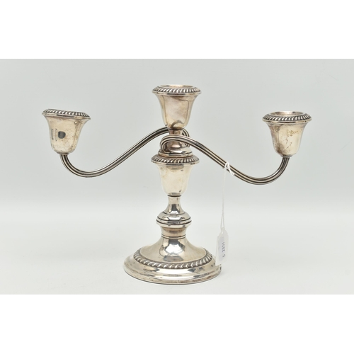 108 - A SILVER 'GORHAM STERLING' AMERICAN CANDELABRA, a white metal three branch candelabra, gadrooned det... 