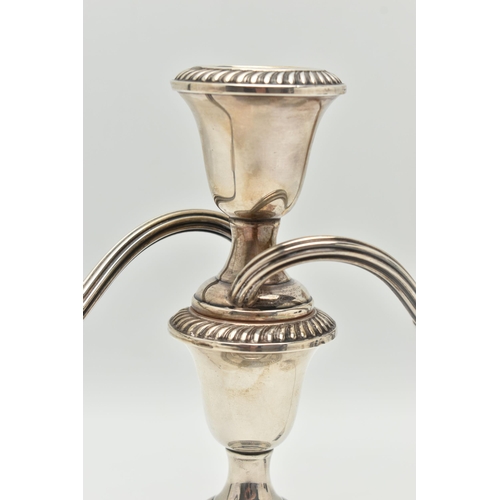 108 - A SILVER 'GORHAM STERLING' AMERICAN CANDELABRA, a white metal three branch candelabra, gadrooned det... 