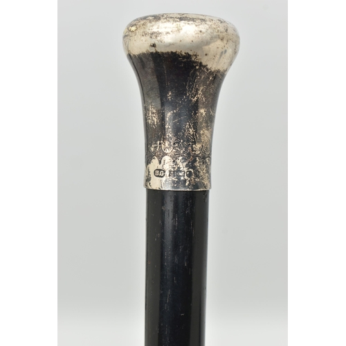 109 - A SILVER AN EBONISED WOOD SWAGGER STICK, silver pommel with a small etched pattern, hallmark 'B.G' (... 