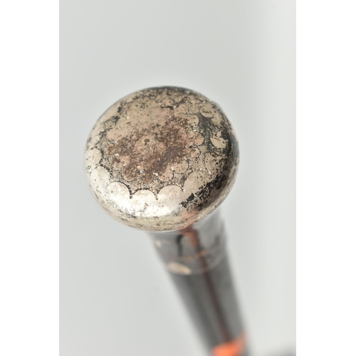 109 - A SILVER AN EBONISED WOOD SWAGGER STICK, silver pommel with a small etched pattern, hallmark 'B.G' (... 