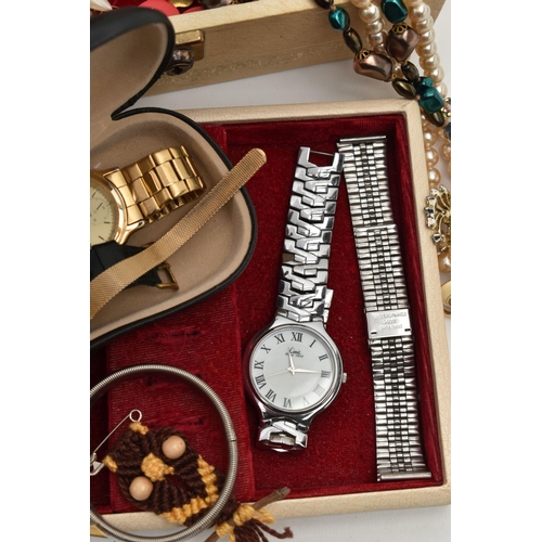 113 - A JEWELLERY BOX OF COSTUME JEWELLERY AND WATCHES, to include a small assortment of costume jewellery... 