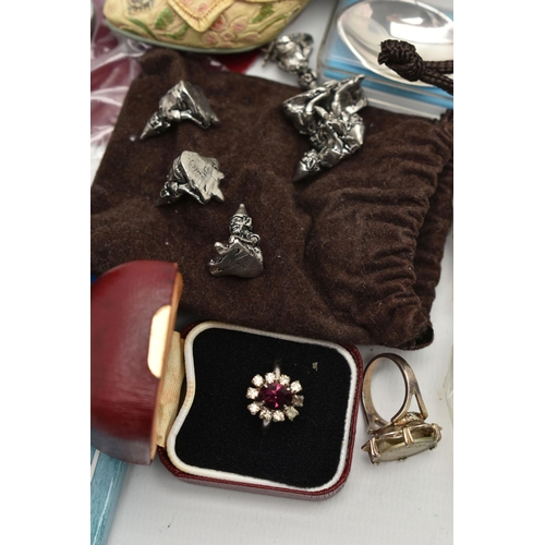 116 - ASSORTED ITEMS, to include a silver darts fob medal, hallmarked Birmingham, a silver coin ring hallm... 