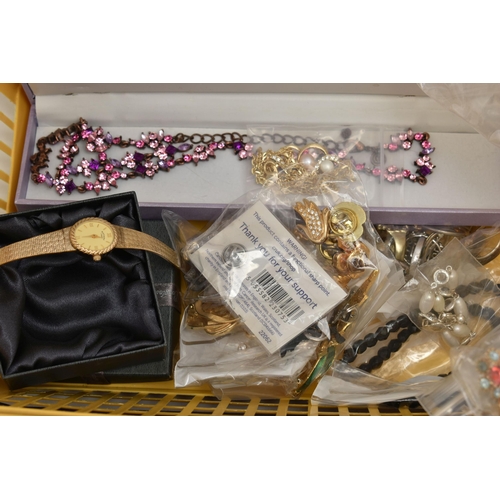 117 - A BOX OF ASSORTED LADIES WRISTWATCHES AND COSTUME JEWELLERY, to include various mostly quartz wristw... 