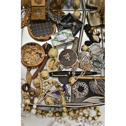 118 - A TIN OF ASSORTED COSTUME JEWELLERY AND ITEMS, to include beaded necklaces, imitation pearl necklace... 