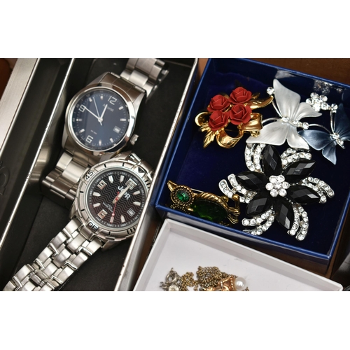 120 - A SELECTION OF MAINLY COSTUME JEWELLERY AND WATCHES, to include a stainless steel Michael Kors wrist... 