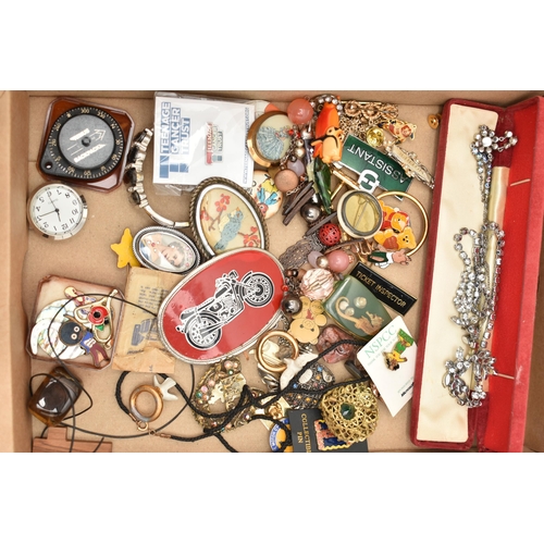 121 - A BOX OF ASSORTED COSTUME JEWELLERY AND ITEMS, to include two Robertsons Jam, enamel mascot pin badg... 