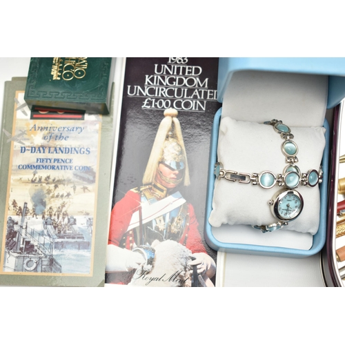 121 - A BOX OF ASSORTED COSTUME JEWELLERY AND ITEMS, to include two Robertsons Jam, enamel mascot pin badg... 