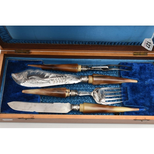 127 - A CASED CARVING SET, to include fish servers, meat fork and carving knife, each fitted with stainles... 