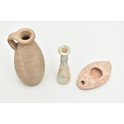 129 - THREE PIECES OF HISTORICAL INTEREST, possibly Roman, to include a pottery vase approximate height 15... 