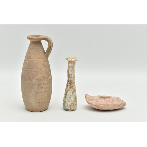 129 - THREE PIECES OF HISTORICAL INTEREST, possibly Roman, to include a pottery vase approximate height 15... 