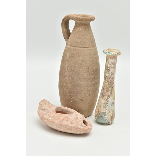 129 - THREE PIECES OF HISTORICAL INTEREST, possibly Roman, to include a pottery vase approximate height 15... 