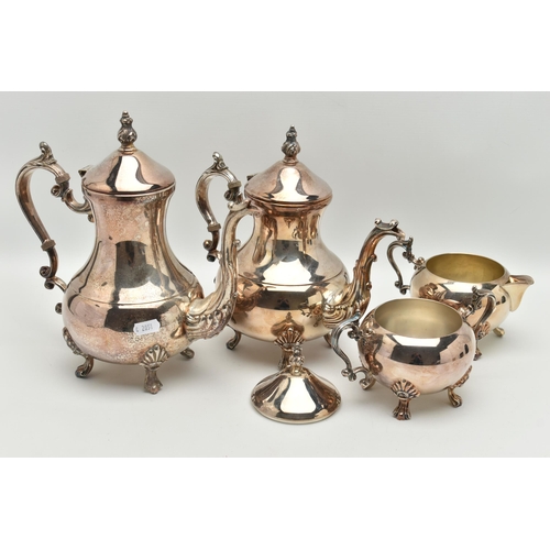 131 - A FOUR PIECE AMERICAN SILVER PLATED TEA SET, to include a tea pot, coffee pot, sugar bowl and milk j... 