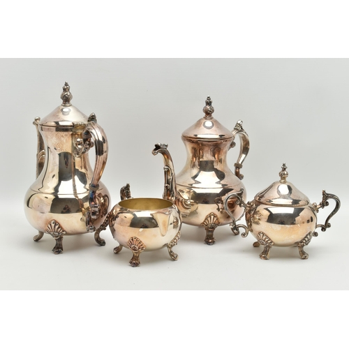 131 - A FOUR PIECE AMERICAN SILVER PLATED TEA SET, to include a tea pot, coffee pot, sugar bowl and milk j... 