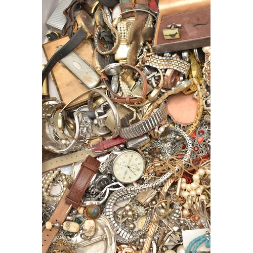 132 - A BOX OF ASSORTED COSTUME JEWELLERY, WATCHES AND OTHER ITEMS, to include a variety of ladies and gen... 