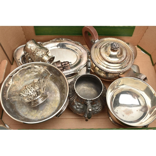 134 - A BOX OF ASSORTED WHITE METAL WARE, to include a cased 'Christofle' silver plated server with grape ... 