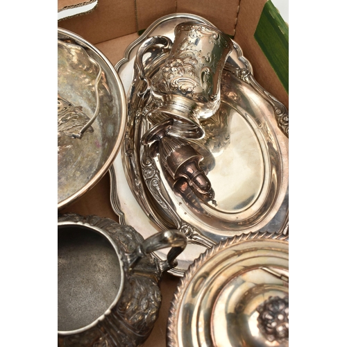 134 - A BOX OF ASSORTED WHITE METAL WARE, to include a cased 'Christofle' silver plated server with grape ... 