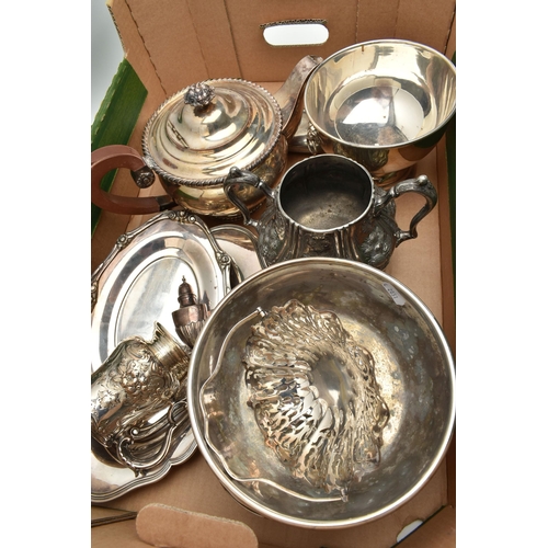 134 - A BOX OF ASSORTED WHITE METAL WARE, to include a cased 'Christofle' silver plated server with grape ... 