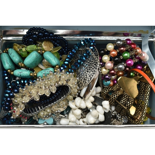 135 - A LARGE SELECTION OF MODERN COSTUME JEWELLERY, to include beaded necklaces, bangles, earrings, brace... 