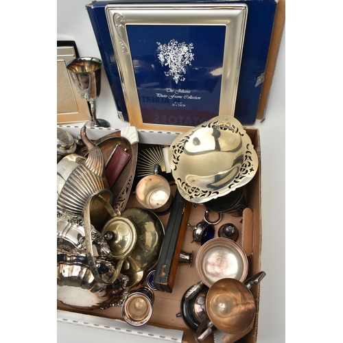 138 - A BOX OF ASSORTED WHITE METAL WARE, to include a three piece EPBM tea set comprising of a teapot, su... 